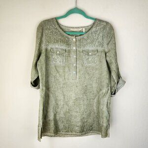 Soft Surroundings 100% Linen Sequin Henley Tunic Top Pockets Green XS *flawed*